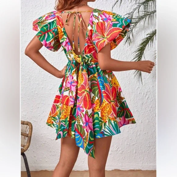 Multicolor Boho Womens Tropical Print‎ Butterfly Sleeve Dress size small - Picture 2 of 8